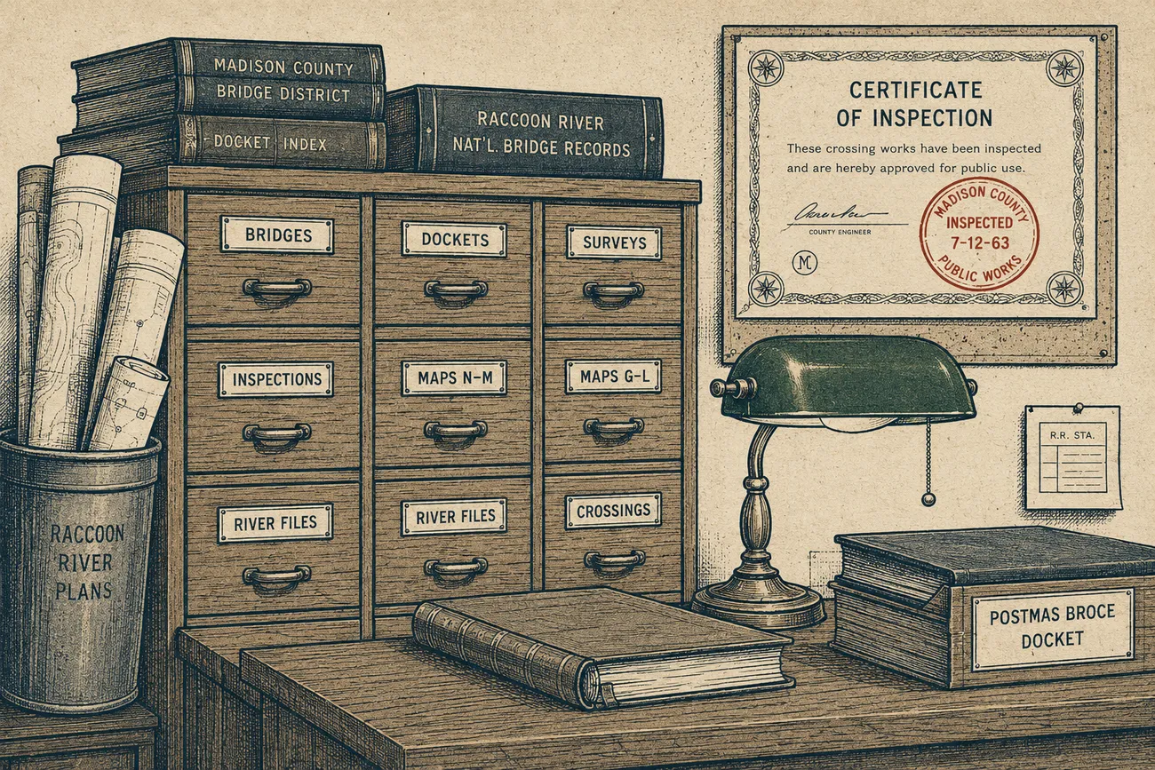 The records office: oak filing drawers labeled BRIDGES, DOCKETS, SURVEYS, INSPECTIONS, MAPS, RIVER FILES and CROSSINGS, rolled Raccoon River plans, a green desk lamp, and a Certificate of Inspection on the wall.