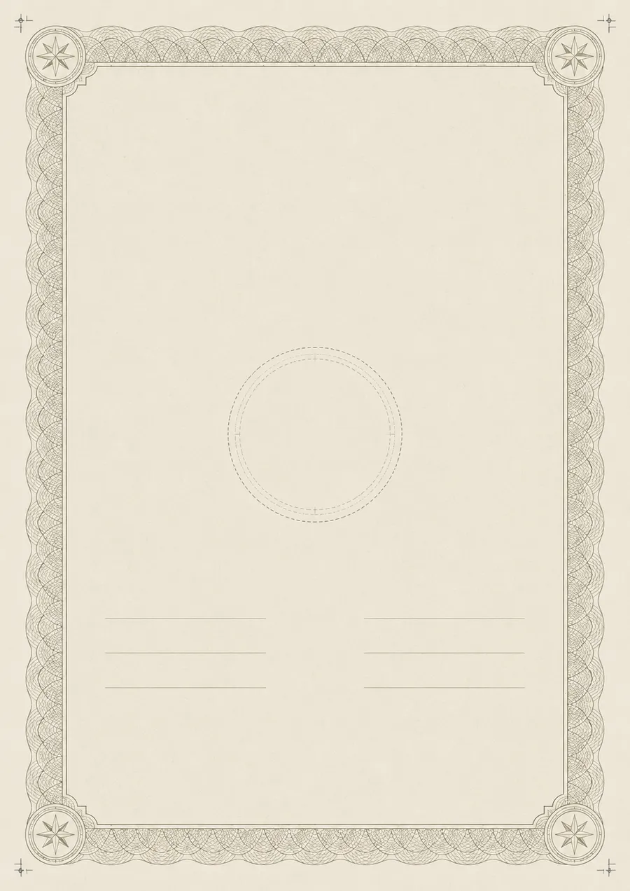 A blank certificate: an engraved guilloché border with compass-star corners, a faint dashed ring at the center where the seal is applied, and two pairs of ruled signature lines.