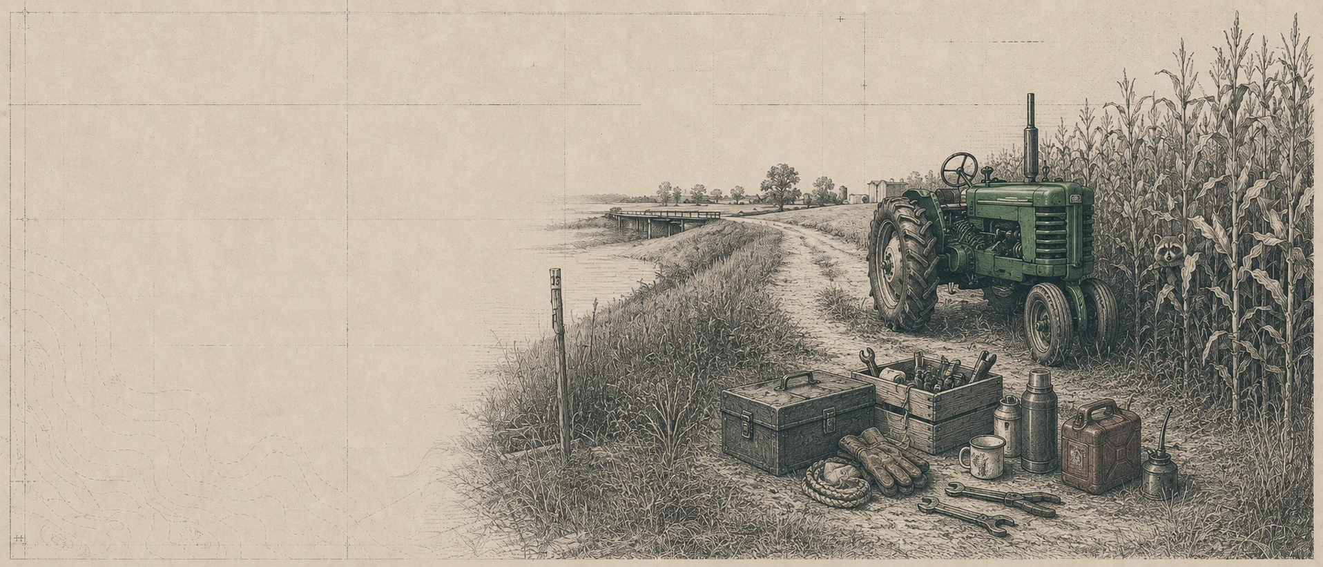 A river road, field tractor, and accounted tools drawn as a company-file header plate.