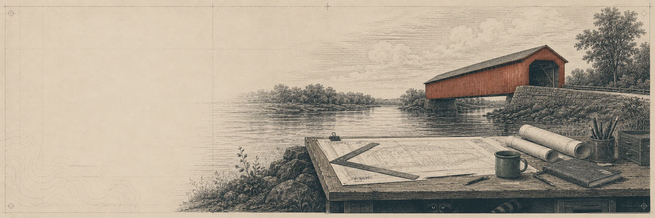 A covered bridge and river works field desk drawn as a software company header plate.